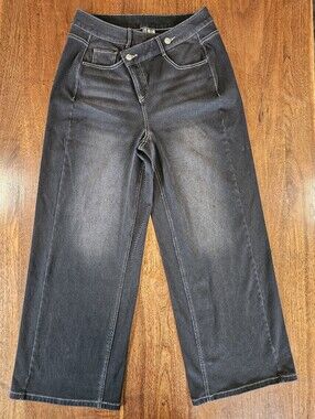 Halara Women's Wide Leg Jeans Black Asymmetrical Flex Jeans Size Large Petite